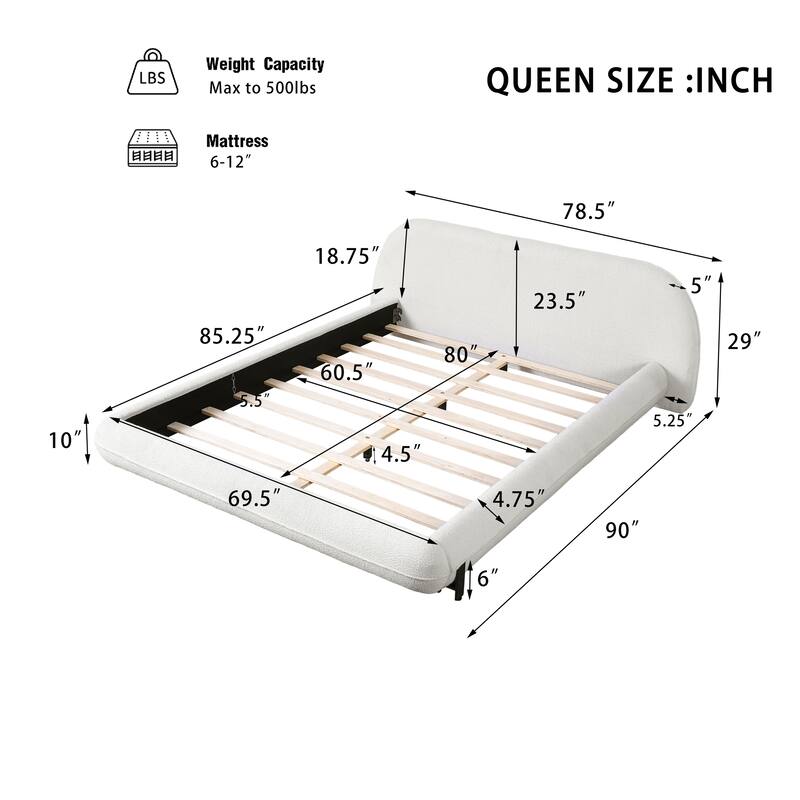 White Queen Size Upholstered Bed Frame with Boucle Fabric and Sturdy Steel Legs