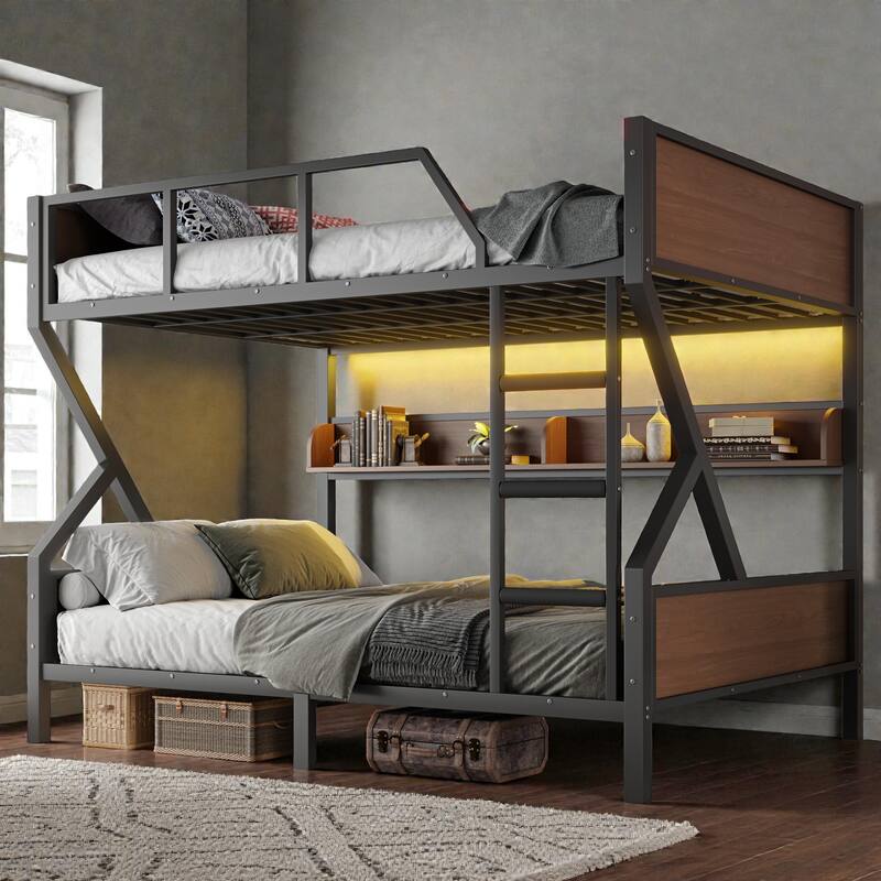 Metal Bunk Bed with Storage Shelves and LED Lights, Space Saving Noise Free Bunk Bed Frame with Guardrails - Black - Queen