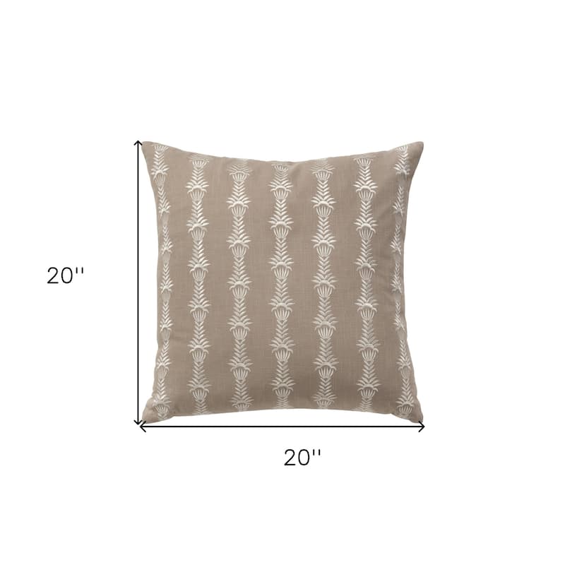 HomeRoots 20" Taupe and White Botanical Stripe Cotton Throw Pillow With Embroidery