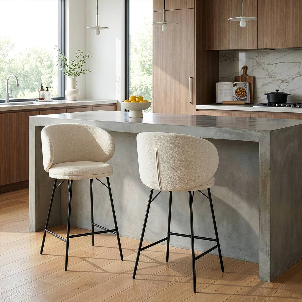 Set of 2 Baxter White Boucle Fabric Counter Stool with Black Iron Legs