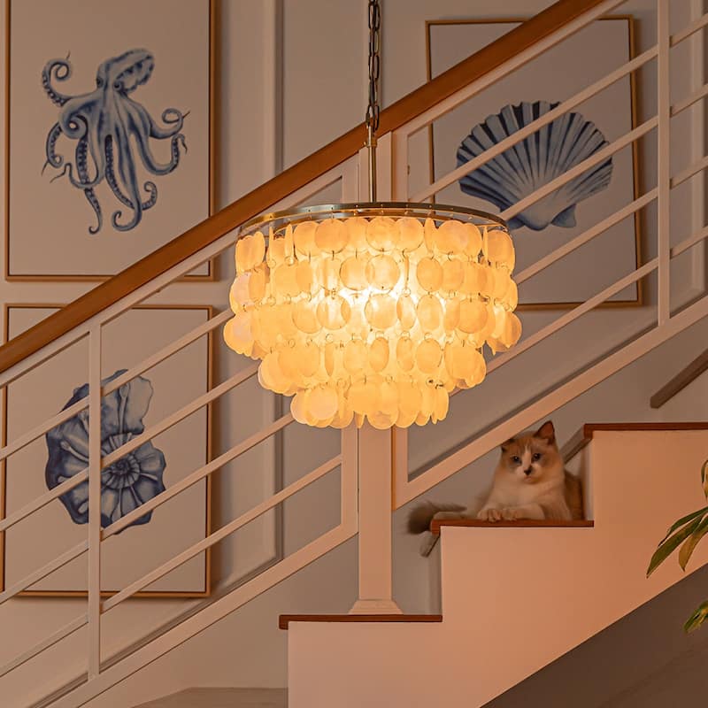 3/6-Lights Unique Tiered Bronze Capiz Chandelier with Seashell Accents