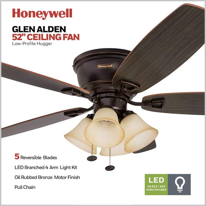52" Honeywell Glen Alden Oil Rubbed Bronze LED Indoor Ceiling Fan with Light & Pull Chain