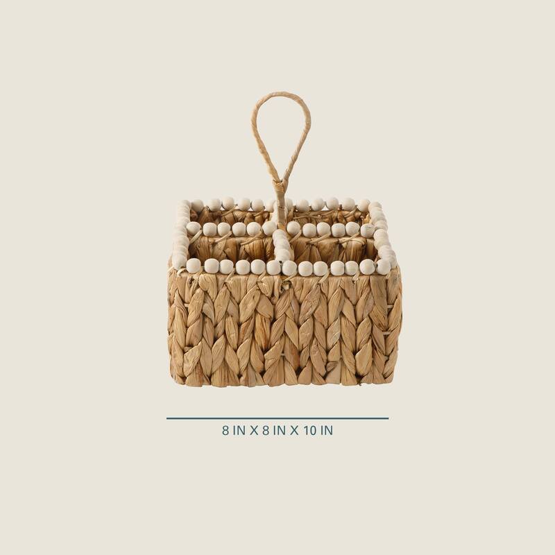 Gibson Home Woven Utensil Caddy with 4 Compartments, Natural Hand-Braided Water Hyacinth Basket with Wood-Bead Trim
