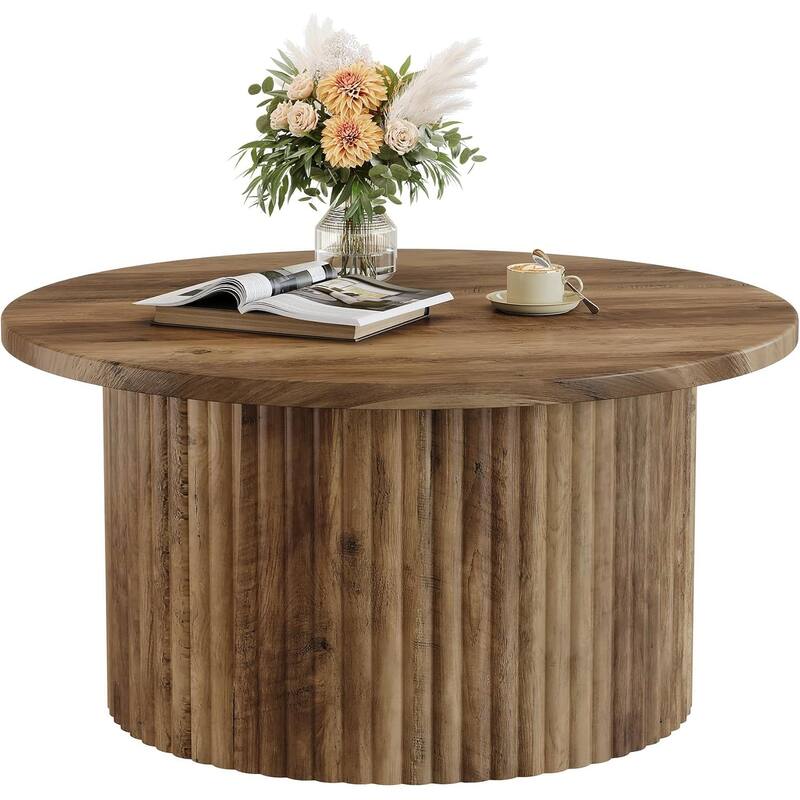 31.5" Farmhouse Round Coffee Table, Circle Center Table with Fluted Drum Base & Wooden Grain Veneer Top