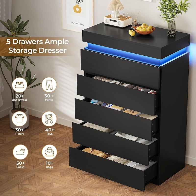 Bedroom Dresser Drawers with LED Light Power Outlet Chest of Drawer