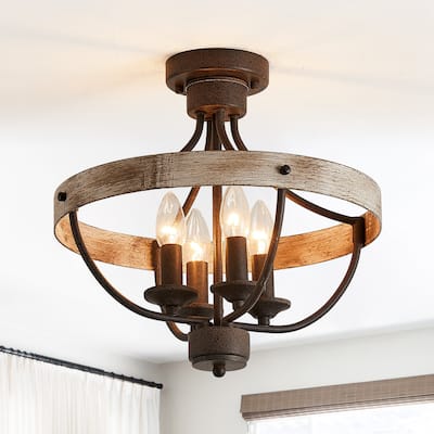 4-Light Brown and Vintage Wood Semi-Flush Mount Ceiling Light - 15.35 in. W x 15.35 in. D x 14.57 in. H
