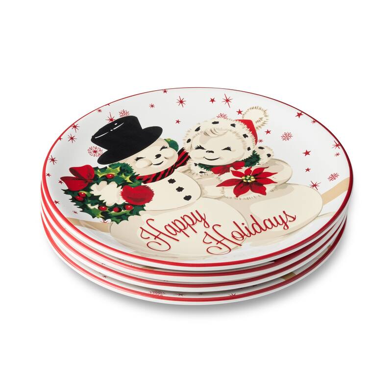 Certifed International Santa's Retro Christmas Set of 4 Dessert/Salad Plates 9" Assorted Designs - 9 L x 9 W x 0.875 H
