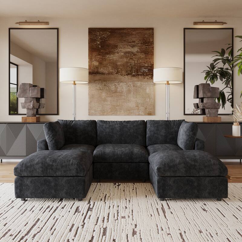 Cloud Couch Modular Sectional Sofa, 134" U Shaped Couch for Livingroom, Oversized Convertible Wide Seater with 2 Ottomans - 3 Seats+2Ottoman Black