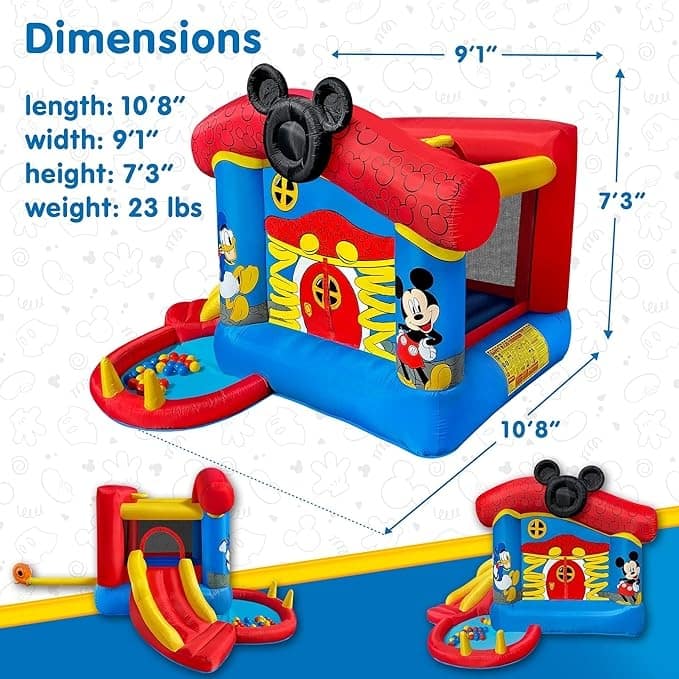 Disney Mickey Mouse Bounce House with Slide, Indoor Outdoor Inflatable Bouncy Castle Funhouse Ball Pit for Kids Ages 3-8