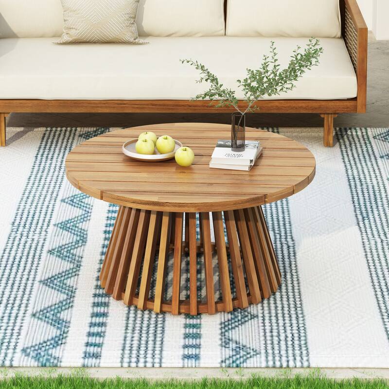 Acacia Wood Outdoor Round Coffee Table 31 Inch Teak Patio Table for Backyard Balcony