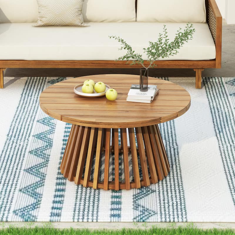 Anmytek Round Wooden Patio Table Slatted Top Outdoor Indoor Coffee Table All Weather Modern