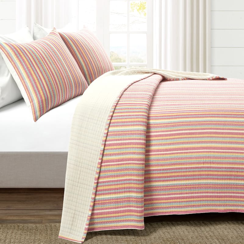Lush Decor Tracy Stripe Pick Stitch Kantha Yarn Dyed Cotton Woven 3 Piece Quilt/Coverlet Set - Rust & Yellow - King
