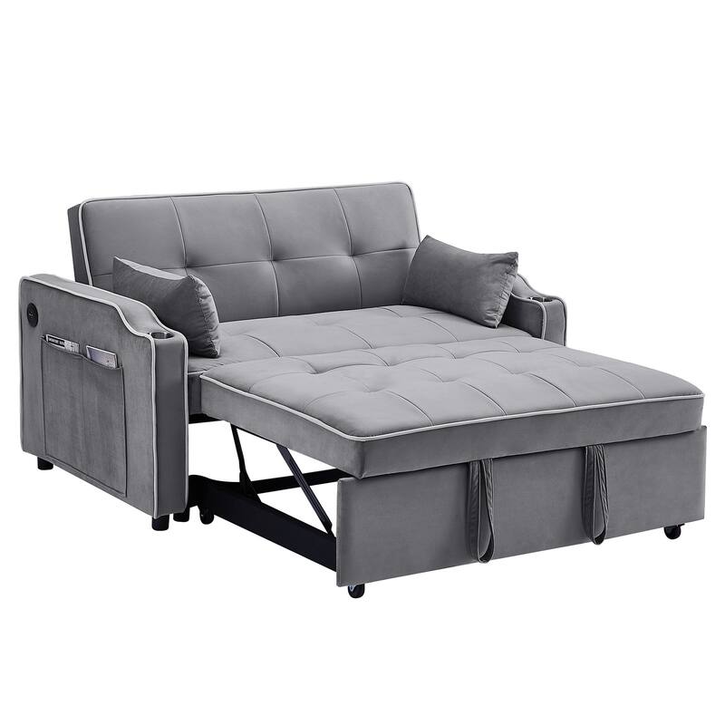 3-in-1 Multi-Functional Velvet Sleeper Sofa Couch with Pullout Bed, Loveseat Sofa Sleeper with USB Port