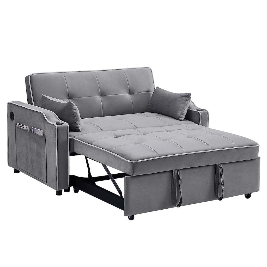 3-in-1 Multi-Functional Velvet Sleeper Sofa Couch with Pullout Bed, Loveseat Sofa Sleeper with USB Port