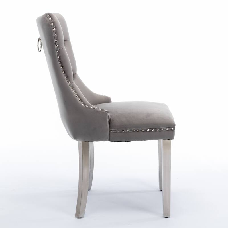 Set of 2 Contemporary High-End Tufted Upholstered Dining Chair with Nailhead & Stainless Steel Legs