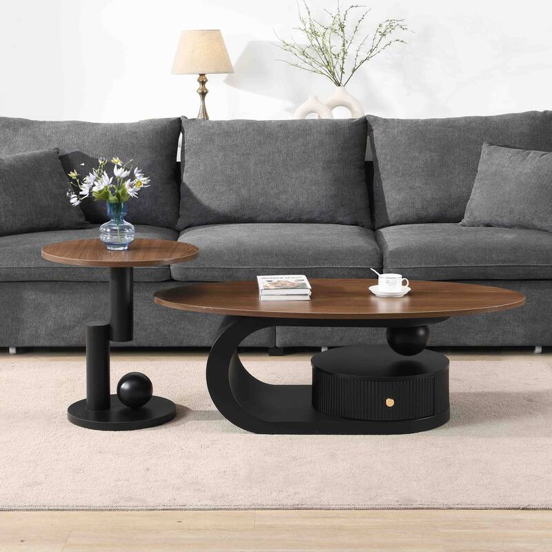 2-Piece Coffee Table Set with Oval and Round Tables, Accent Table Dining Table with Anti-slip Adjustable Pads
