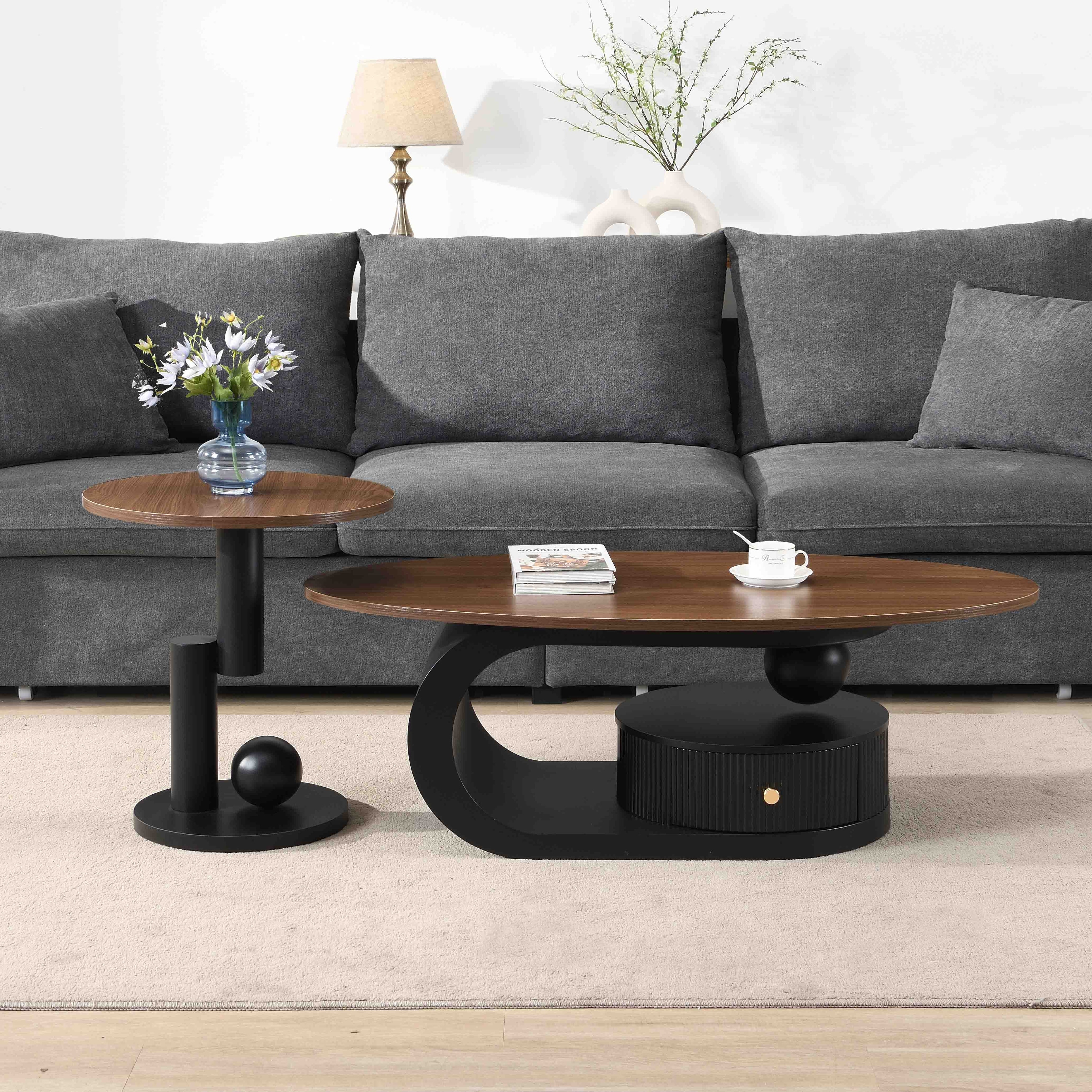 Luxury Nesting Coffee Table Set of 2, Tables with Storage for Living Room, Oval and Round Table Set