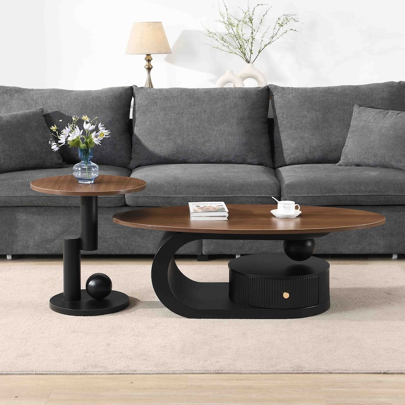 Nesting Coffee Table Set of 2, Wood Top Storage Center Table with Drawers, Oval Cocktail Table and Round Side Table Set - Black+Brown