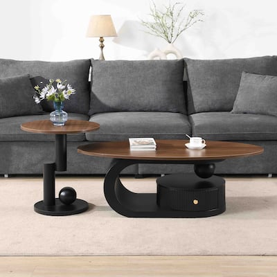 Nesting Coffee Table Set of 2, Wood Top Storage Center Table with Drawers, Oval Cocktail Table and Round Side Table Set