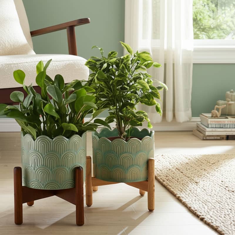 Stoneware Planters Scallop Design and Curved Rim Detail (Set of 2)