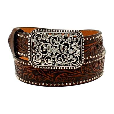 Ariat Western Belt Girls Floral Tooled Crystals Brown A1303602