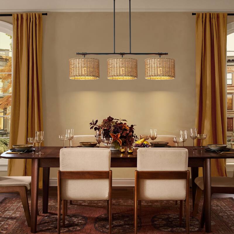 3-Light Modern Farmhouse Black Linear Drum Handwoven Rattan Pendant Light for Kitchen Island
