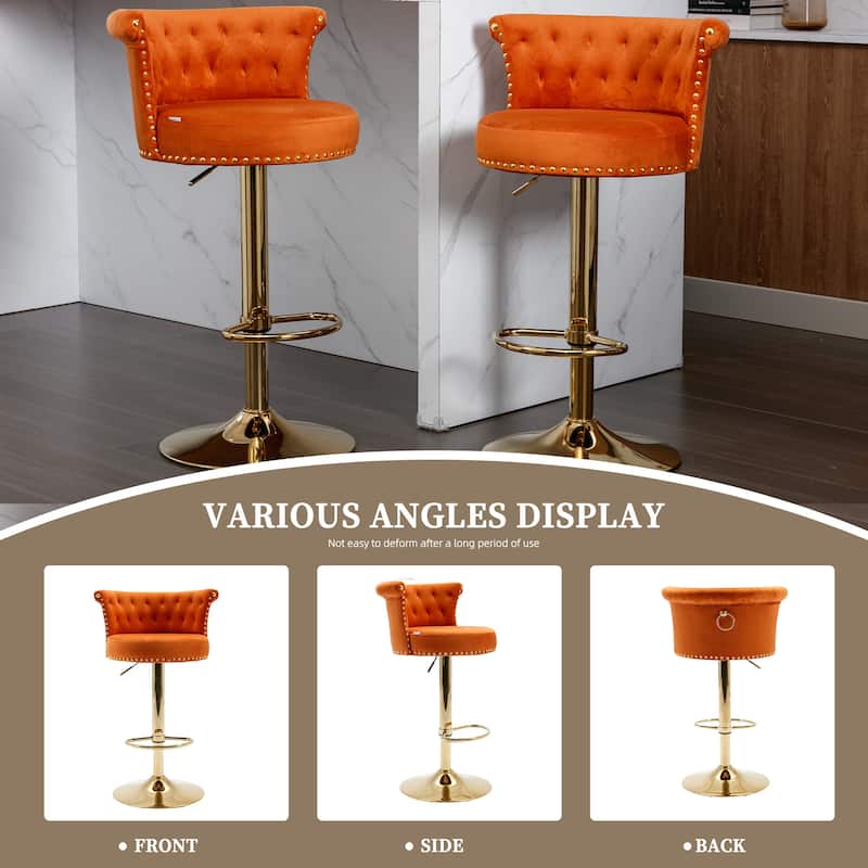 Velvet Upholstered Tufted Nailheads Swivel Adjustable Height Bar Stools With Golden Footrest(set of 2)