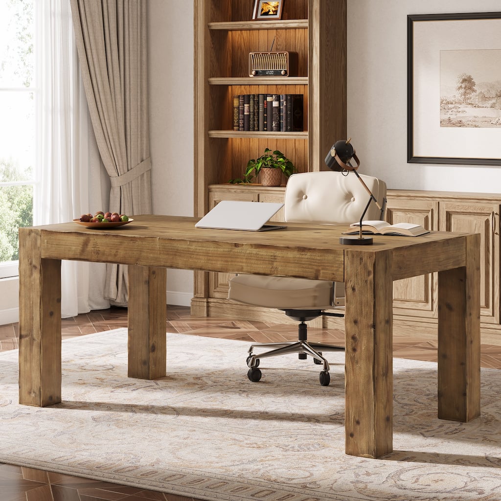 63-Inch Solid Wood Computer Desk, Large Executive Desk for Home Office