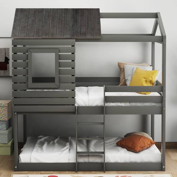 slide 2 of 9, Solid Wood Twin over Twin House Shaped Bunk Bed with Roof, Window & Fence Rail - Playhouse Design, Ideal for Kids' Bedroom Gray