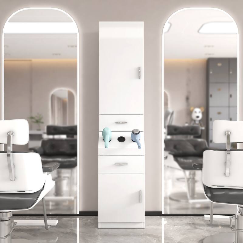 Salon Station, Barber Stations with 2-Tier Storage Shelf with Door, Hair Styling Storage Cabinet with 2 Drawer - White