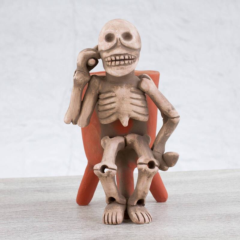 Handmade Lord Of The Dead Ceramic Statuette (Mexico) - 7" H x 4.3" W x 5" D