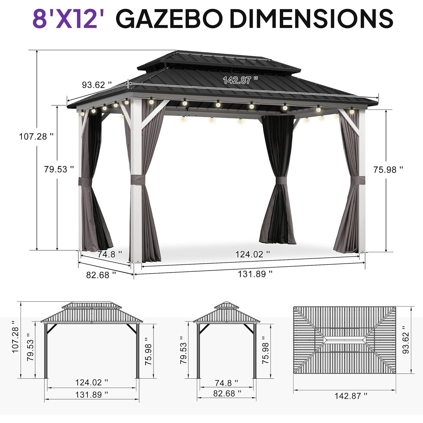 PURPLE LEAF Patio Hardtop Gazebo for Outdoor Grey Galvanized Steel
