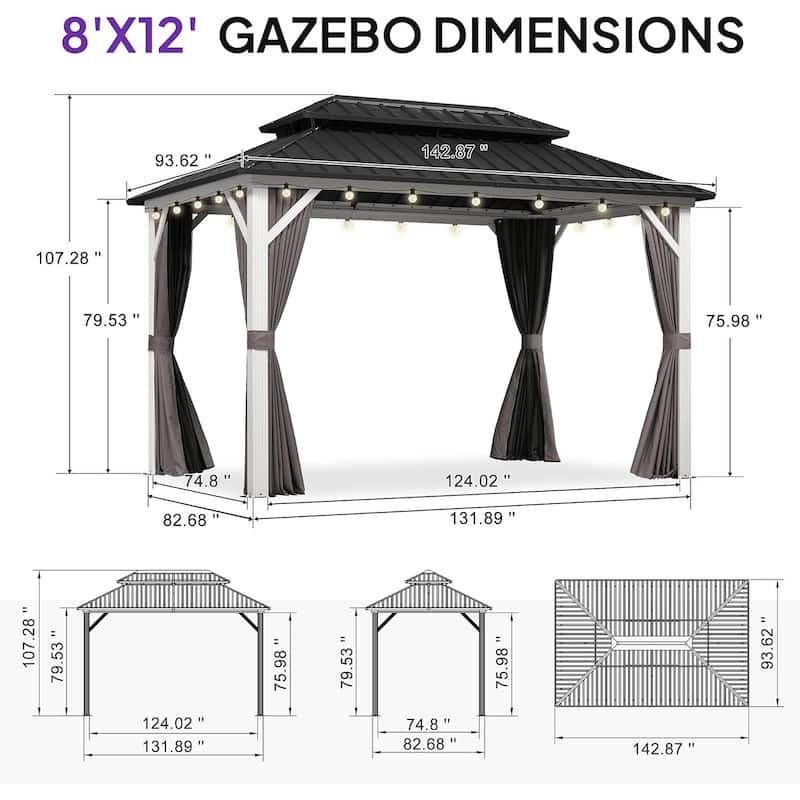 PURPLE LEAF Patio Hardtop Gazebo for Outdoor Grey Galvanized Steel Double Roof White Aluminum Poles