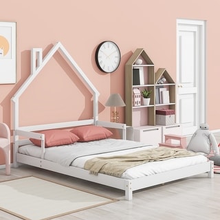 White Full Size Pine House-Shaped Headboard Floor Bed with Handrails