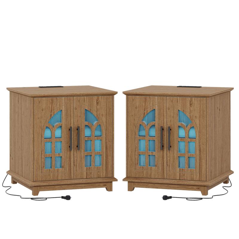 Farmhouse End Side Table with Charging Station & LED Light - 2PCS - Bown