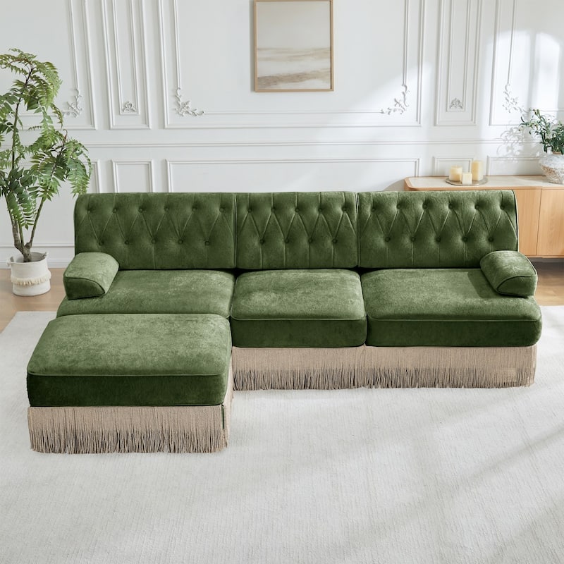 106" Velvet Sectional Sofa with Tassel Skirt Design and Ottoman - Green