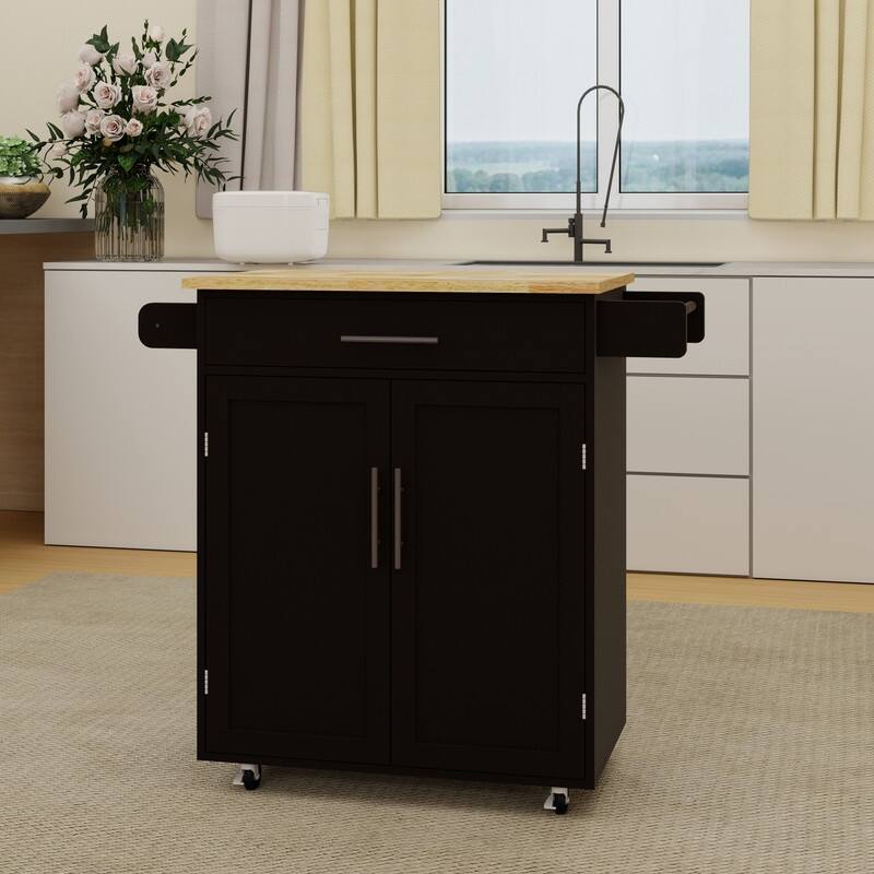 Black Rubber Wood Kitchen Island Cart with Drawer, Adjustable Shelves & Racks
