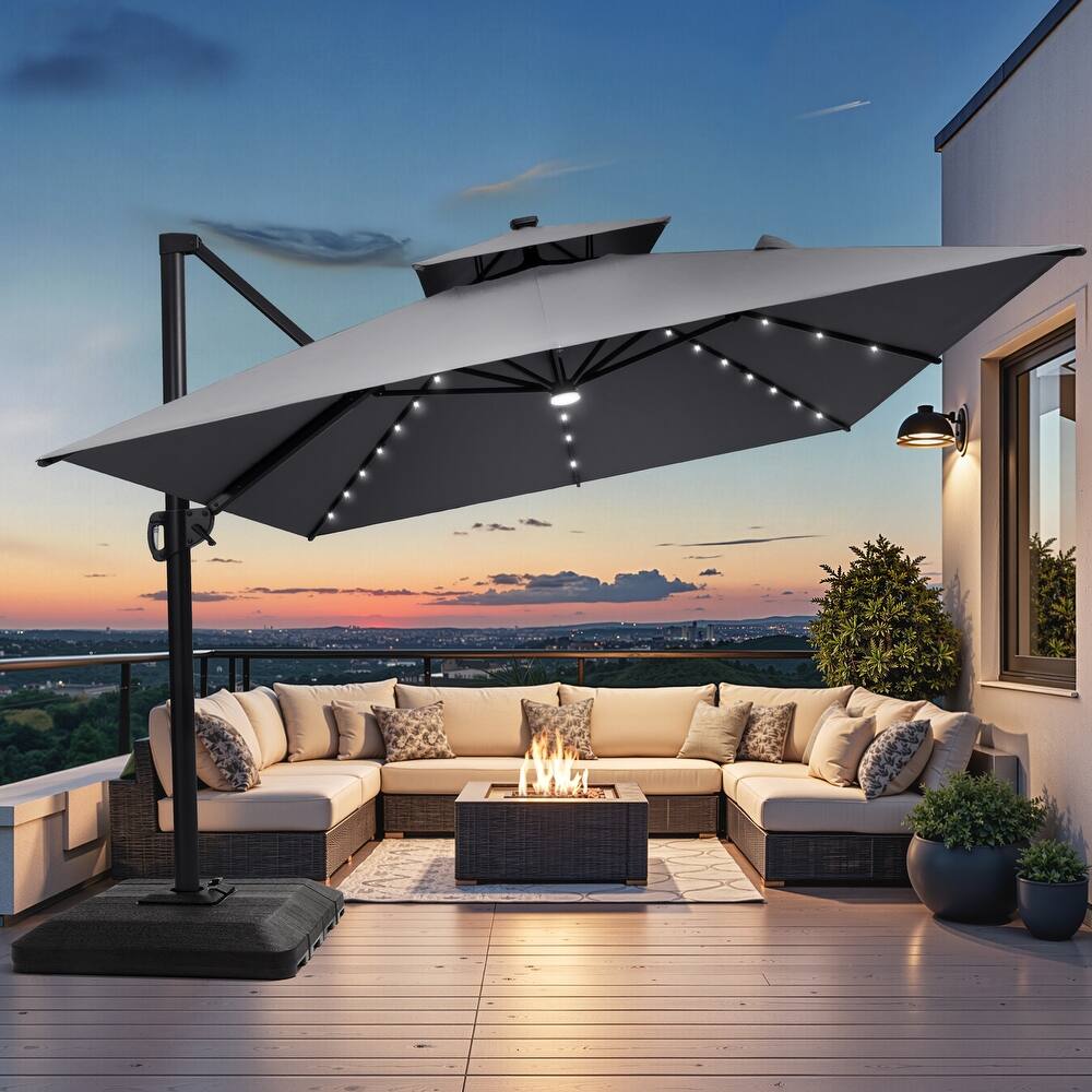 10 X 13 FT Outdoor Patio Cantilever Umbrella with Solar Lights 4-Piece Premium Base Double Canopy 360 Rotation Tilt