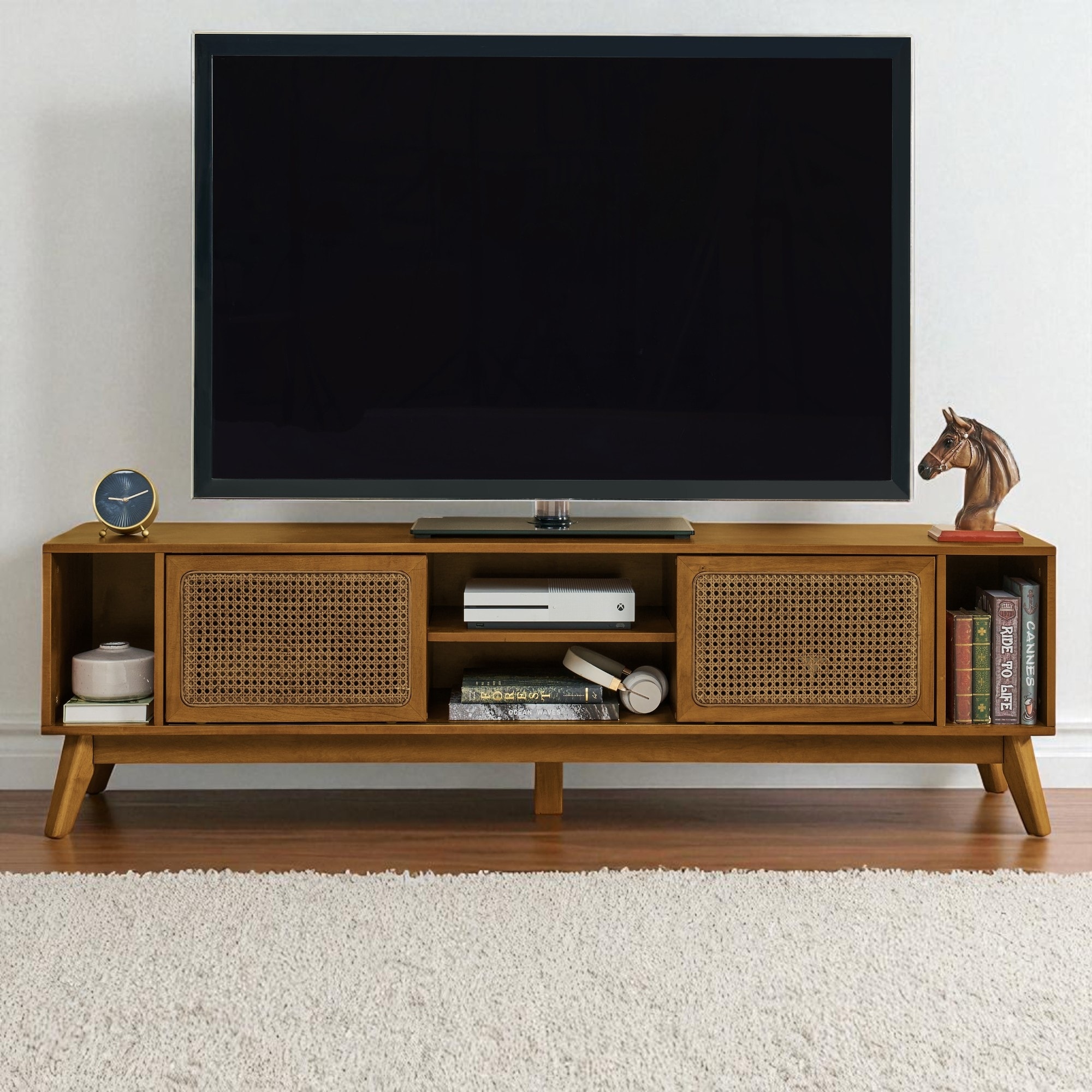 67.9" Mid-Century Modern Rattan TV Stand for TVs up to 75", Entertainment Cabinet with Sliding Doors & Solid Wood Legs