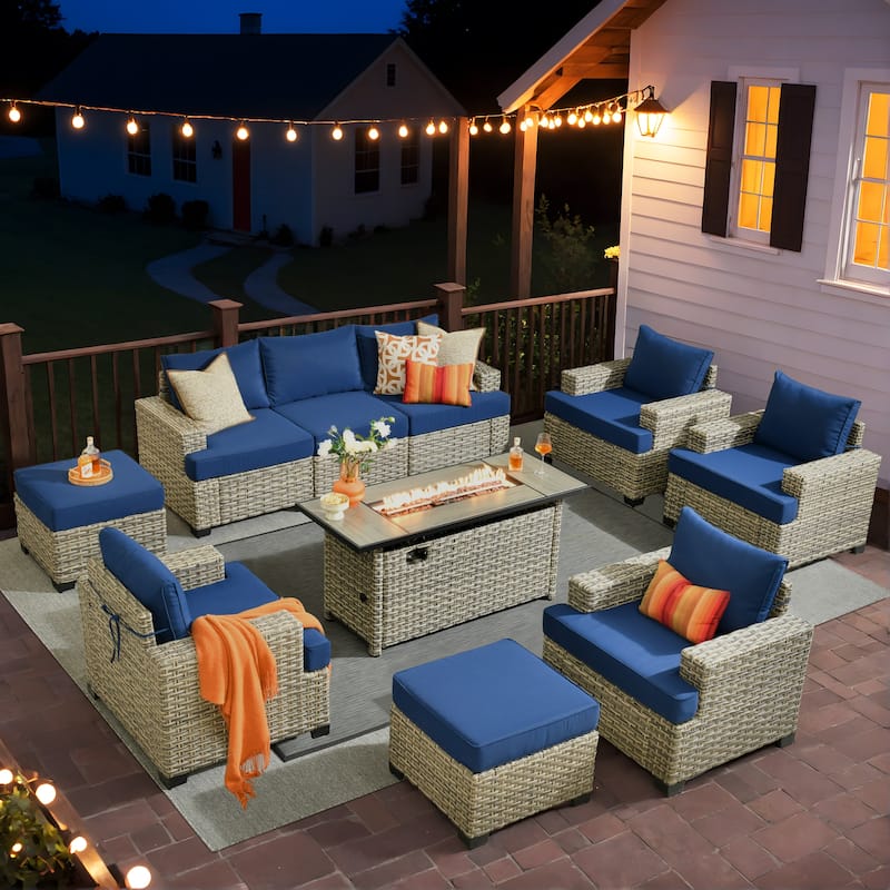 XIZZI 10-piece Patio Wicker Furniture Conversation Set with Fire Pit Table - Navy Blue