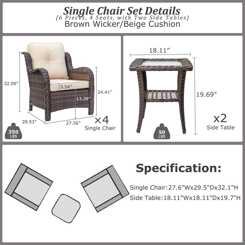 Outdoor Brown Wicker Patio Furniture Seating Sets with Beige Cushions