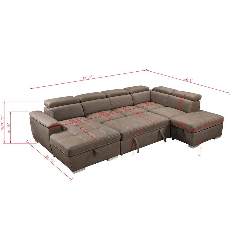 Roomfitters 128" U-Shaped Sectional Couch with Ottomans, Reversible Modular Sofa Set with Storage