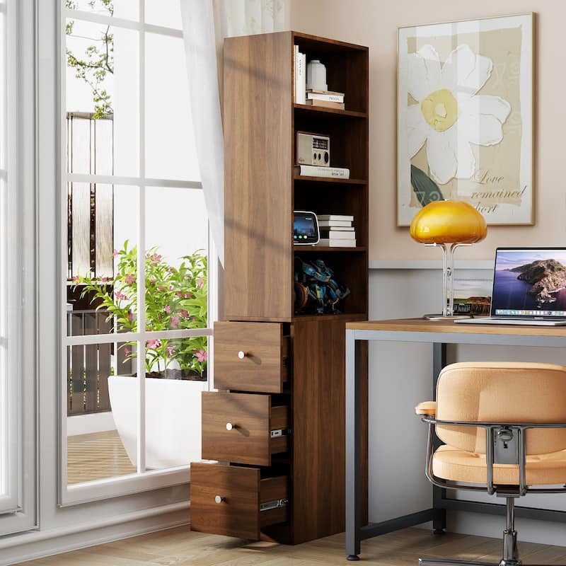 70.8" Bookshelf with Drawers, Bookshelf and Bookcase with 4-Tier Open Shelves, Tall Bookcase Tall Storage Cabinet - Walnut Style B