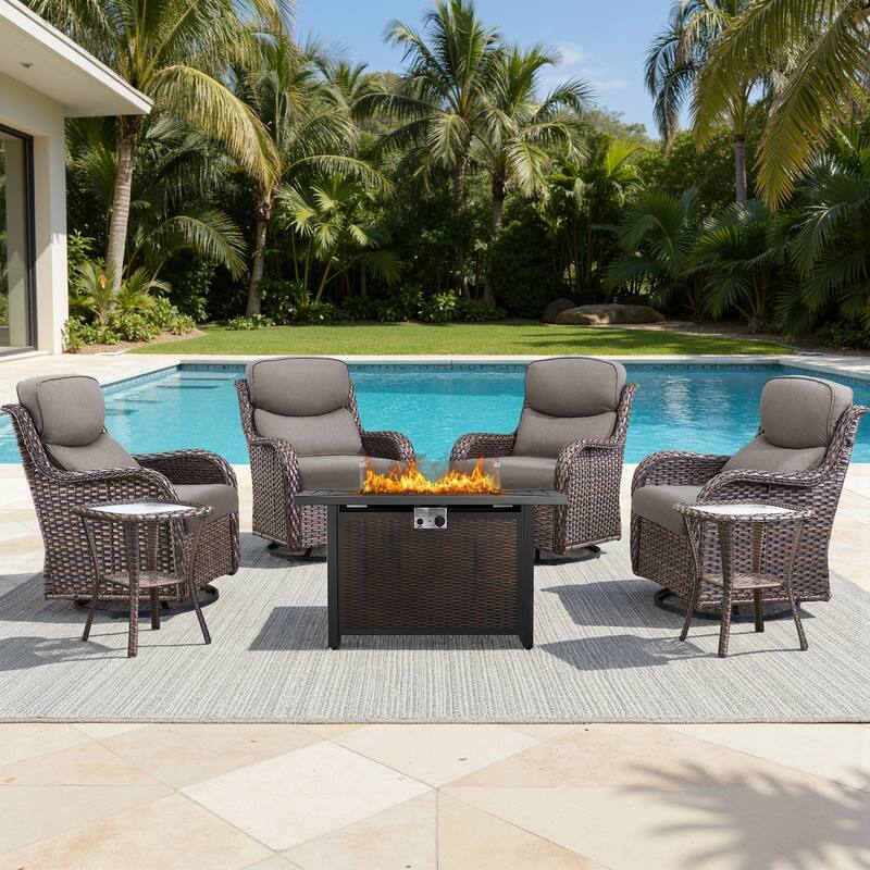 Meyreso 7-Piece Outdoor Patio Wicker Fire Pit 4 person Conversation Set with 5-Inch Thick Cushions