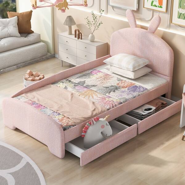 slide 2 of 7, Pink+2 Drawers Chenille Upholstered Twin Size Platform Bed with Cartoon Ears Headboard and 2 Drawers Pink+2 Drawers