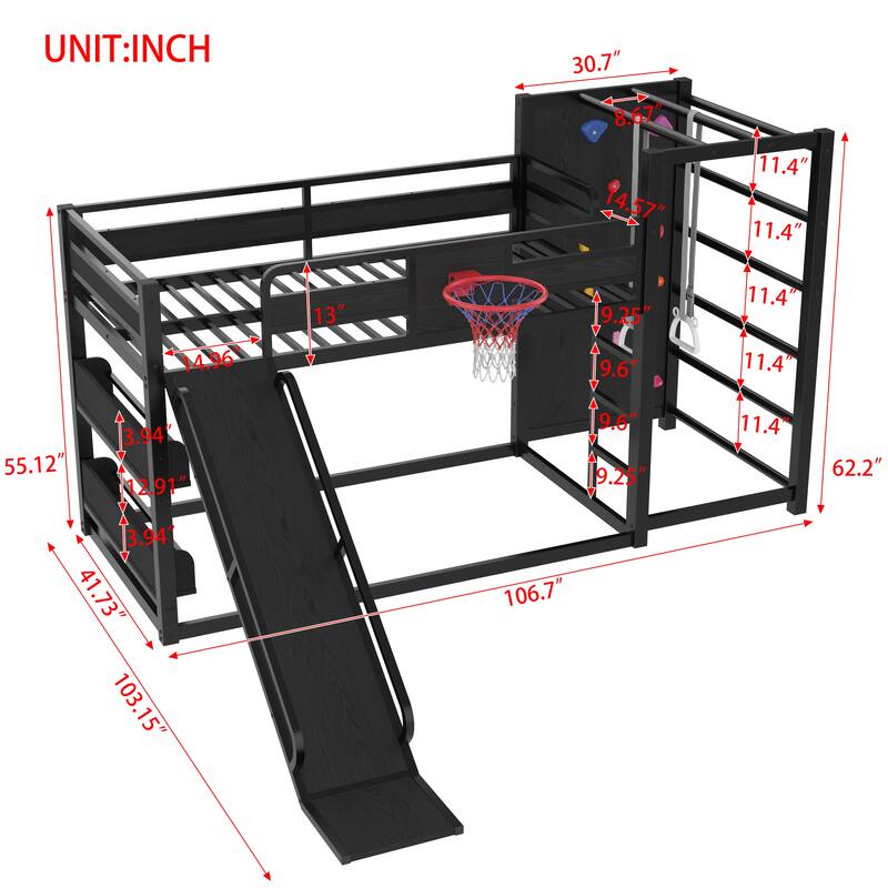 Childhood Fun Metal Loft Bed Frame with Built-in Bookshelf, Basketball Hoop, Climbing Wall, Pull-up Rings and Slide