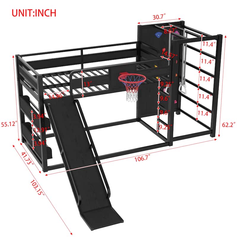 Full/Twin Metal Loft Bed with Basketball Hoop, Climbing Wall & Slide