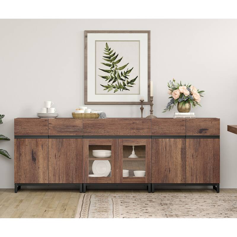 WAMPAT Modern Sideboard with Adjustable Shelves and Drawer, 3 in 1 Storage Cabinet with Glass Doors for Living Room, Kitchen