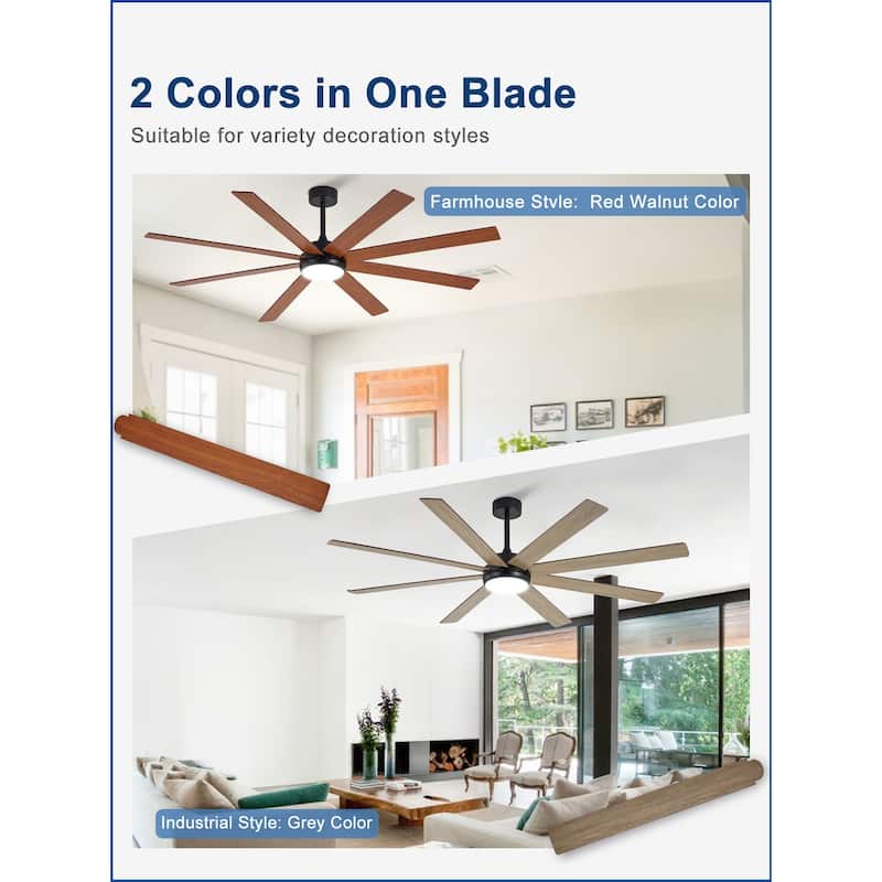 Large Ceiling Fan with Light - 8-Blade, Remote App Control, Dimmable 3CCT, Quiet DC Motor​, 66/72 Inches