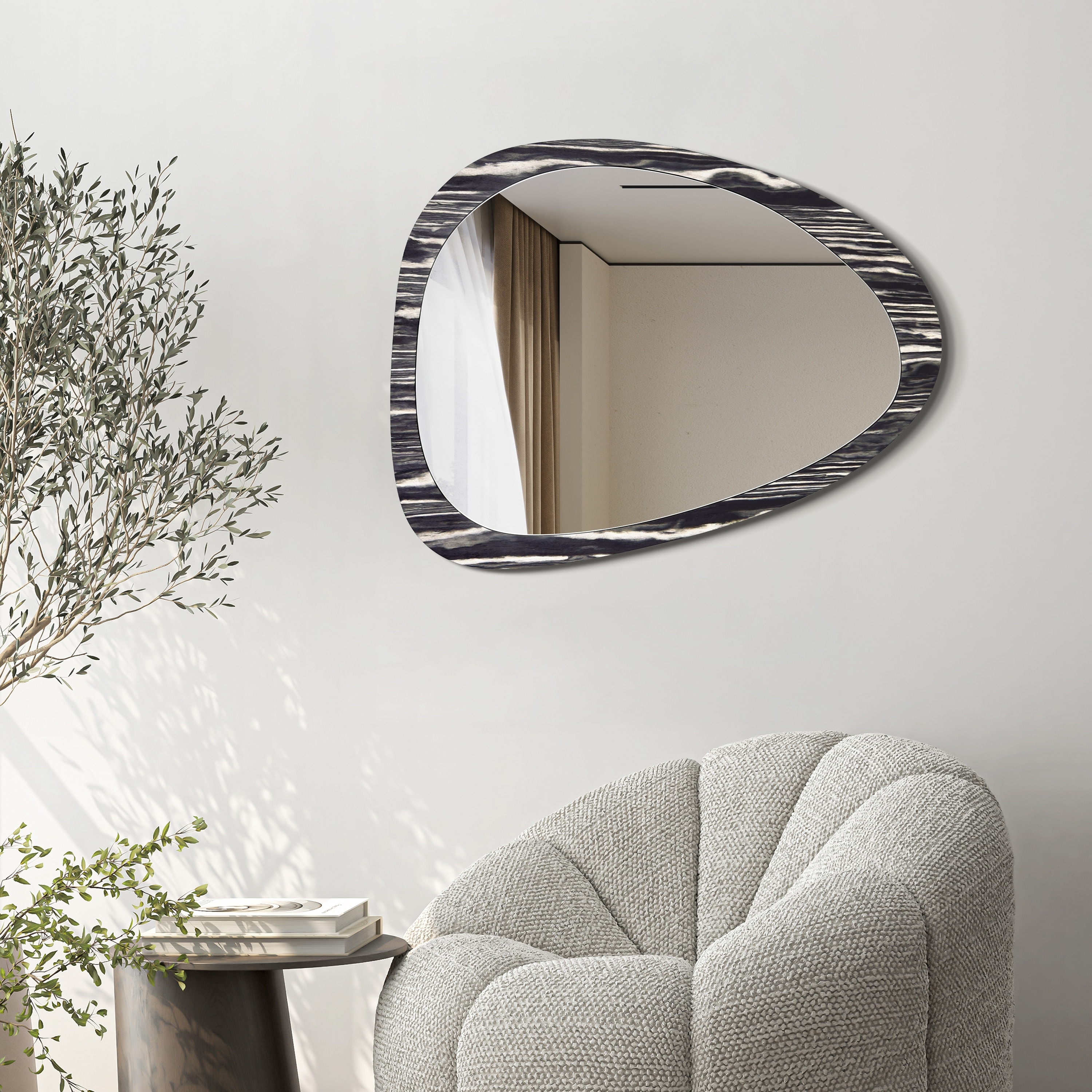 Contour Harmony Wall Mirror, 35"x27" Irregular Mirror on an Exotica Stained Veneer Frame - 35"x 27"x0.6"